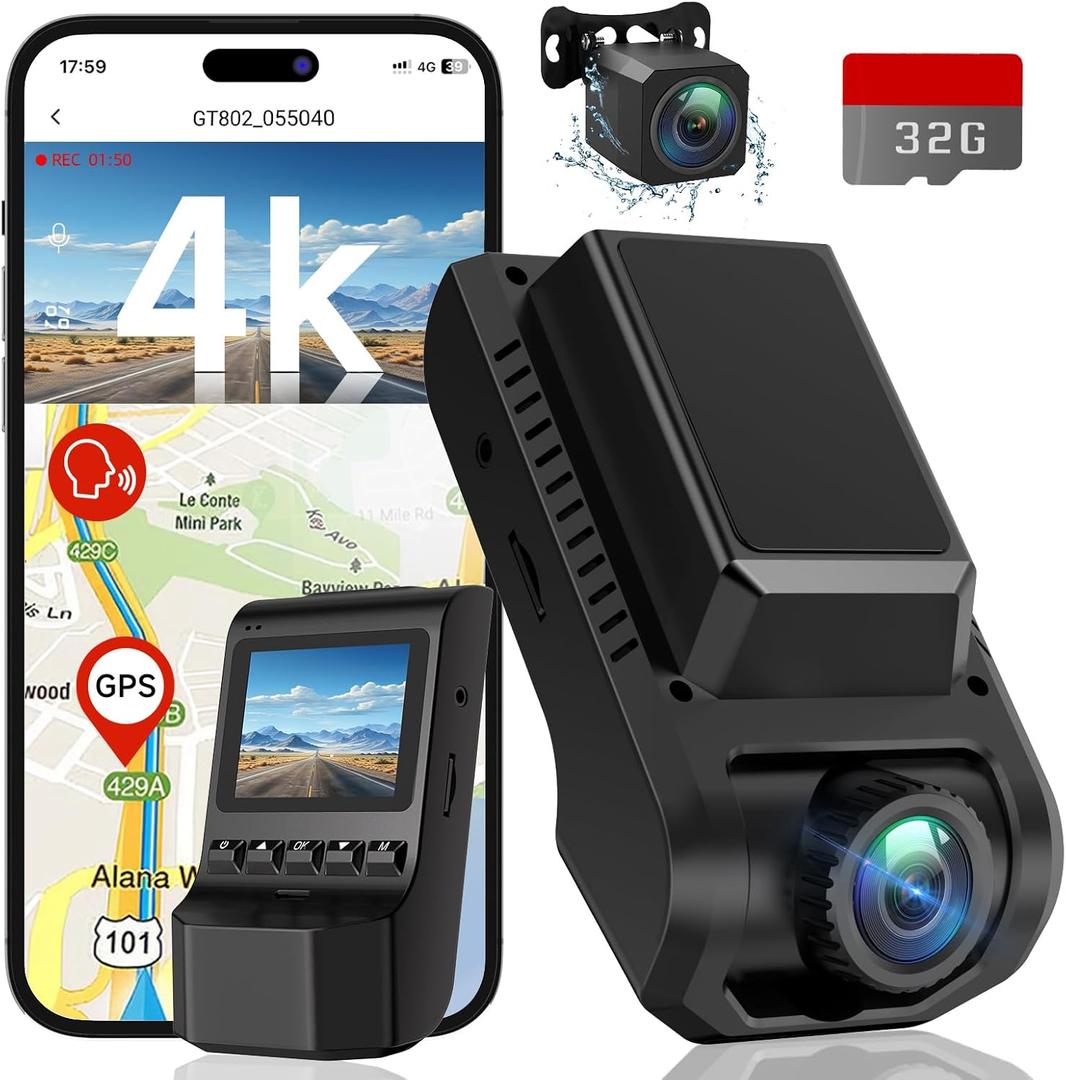 Dash Cam Front and Rear, 4K Ultra HD+1080P Dash Camera for Cars, Built-in Wi-Fi GPS, Included 32GB Card, 2.0'' IPS Screen Mini Car Camera, App, Night Vision, 170Wide Angle, 24H Parking Mode (Black)