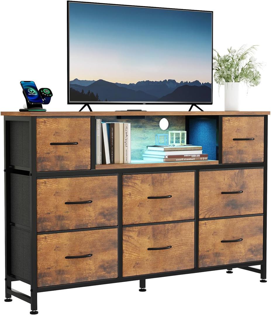 DUMOS LED TV Stand Dresser with Charging Station, Entertainment Center, 11.8"D x 47.2"W x 31.5"H
