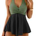 Aidonger Halter Women's Tankini Swimsuits Tummy Control Two Piece Swim Dress Bathing Suits Flowy Swim Top with Short Army Green, Black, XL 
