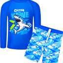 TFJH E Boys Bathing Suit Set Long Sleeve Rash Guard Swimwear UPF 50+ Swimming Suit, Royblue Shark 6A