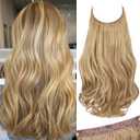 SARLA Invisible Wire Hair Extensions with 3 Clips Short Wavy Curly Synthetic Hairpiece for Women Adjustable Transparent Headband 14 Inch Sahara Beige