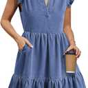 POTILI Denim Dress for Women Ruffle Short Sleeve V Neck Jean Mini Dress with Pockets (Blue, M)