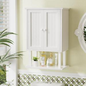 AmazerBath Bathroom Wall Cabinets, Bamboo Over The Toilet Storage Cabinet with Adjustable Shelves, Wall Mounted Medicine Cabinets with 2 Doors for Small Spaces, White, 9.0 x 15.7 x 23.8 Inches