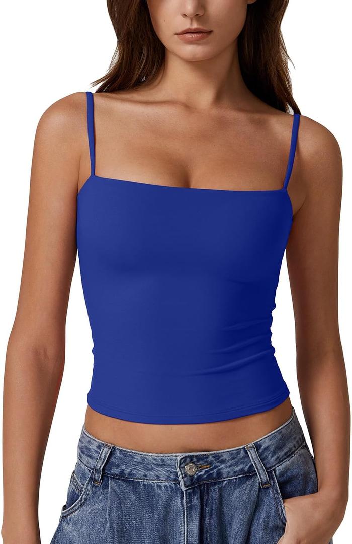 QINSEN Women's Double Lined Basic Tank Top Adjustable Spaghetti Straps Sleeveless Camisole Shirts (Medium)