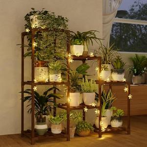 Bamworld Plant Stand Indoor with Flower Fairy Lights Battery Plant Shelf Wood Plant Rack for Multiple Plants 3 Tiers Ladder Plant Holder for 7 Pots for Living Room Home Decor for Gardening Gifts
