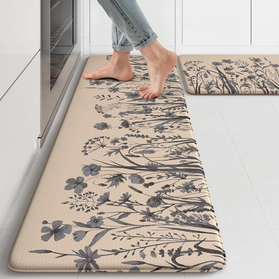 KIMODE Anti Fatigue Kitchen Mats for Floor, Farmhouse Kitchen Rugs Sets of 2, Cushioned Kitchen Floor Mats, Comfort Standing Mat for Sink, Laundry, Office, Desk Brown/Grey 17"x47"+17"x29"