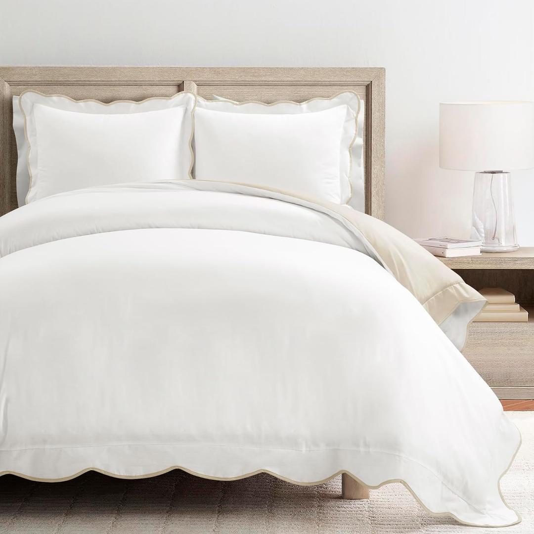 Lush Decor Coastal Chic Scalloped Edge Cotton Duvet Cover Set, 3 Piece Set, King, Neutral & White - King Bedding Set - White Duvet Cover King - Coastal Decor