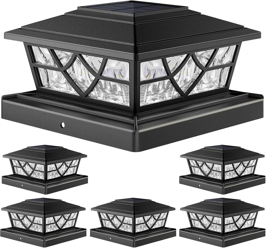 APONUO Solar Post Cap Lights 6 Pack for 4x4 5x5 6x6 Wood Vinyl Fences - IP64 Waterproof, Auto On/Off, Solar Powered Post Lights, Warm Cool White, Deck Patio Yard Decor, Black
