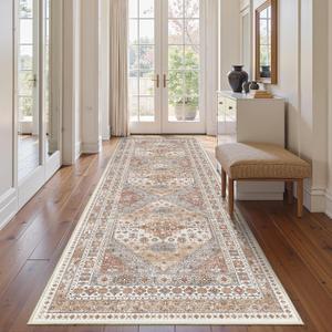 3x12 Runner Rug for Hallway, Non-Slip Long Bathroom Rugs Runner for Kitchen, Living Room, Bedroom, Soft Vintage Washable Rug for Entryway, Thin Floor Mat for Dining Room(Orange,3'x12')