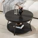 Round Coffee Table, Circle Wood Coffee Tables for Living Room, 2 Tier Industrial Modern Center Table with Thickened Tabletop and Metal Frame, 31.5 inch (Black), Large
