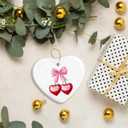 QIYUHOY Coquette Pink Bow Ornament Keepsake Sign,Preppy Cherry Gifts Ornaments for Christmas Tree, Ceramic Heart Keepsake Preppy Girly Gifts for Women, Hanging Ornaments