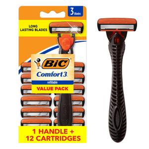 BIC Comfort 3 Men's Refillable 3-Blade Razors with 1 Handle and 12 Cartridges, Smooth Shave Razor Set for Men (Black/Orange)