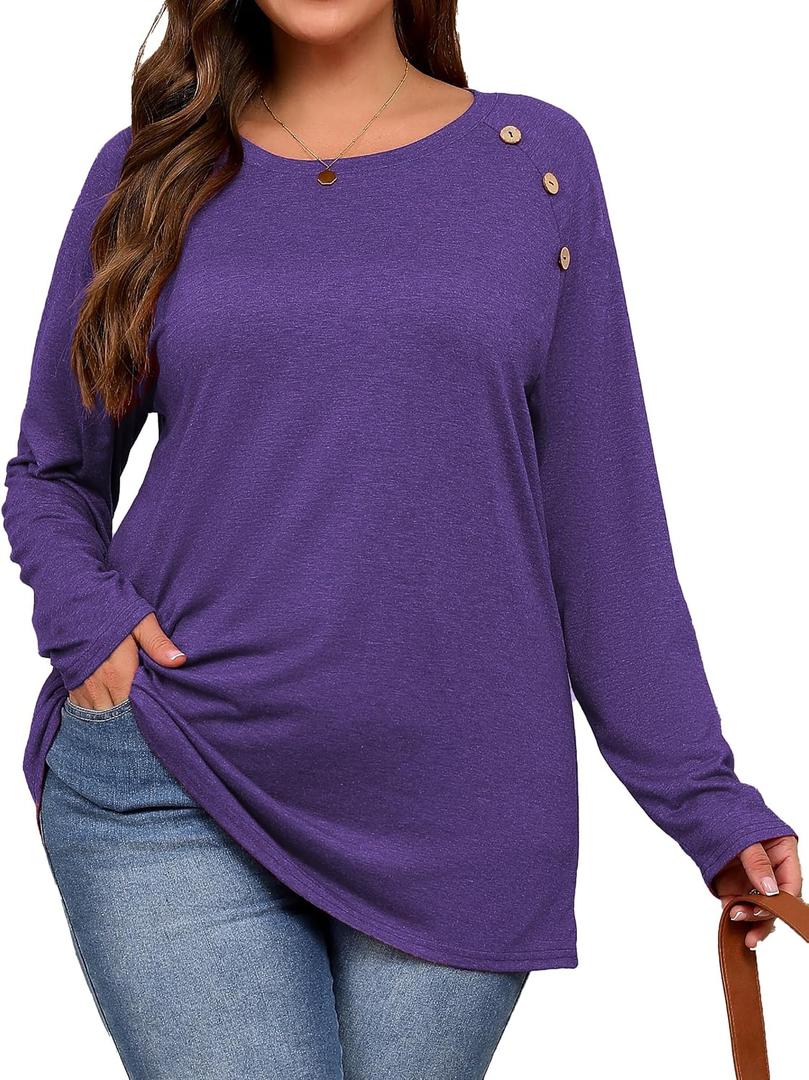Plus Size Buttons Decor Long Sleeve Shirts Womens Raglan Sleeve Tshirts Casual Tops (Purple, XXL)