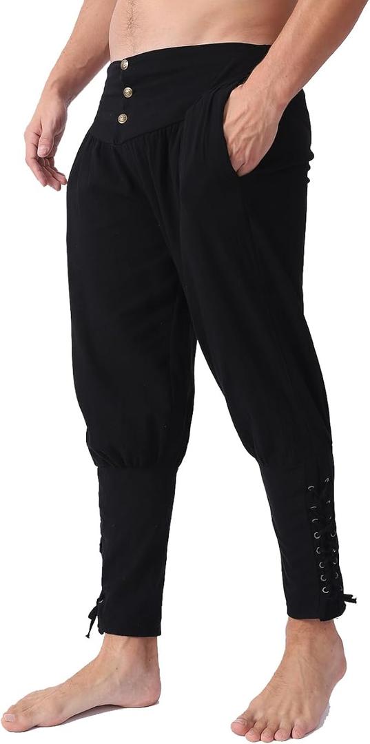 Mens Vintage Striped Pirate Pants Costume, Halloween Medieval Ankle Banded Pants, Renaissance Gothic Viking Navigator Trousers (M,Black-Button)