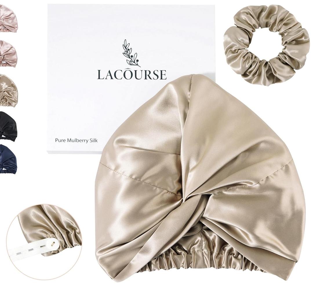Anti-Slip Adjustable Real 22 Momme 100% Mulberry Silk Bonnet for Sleeping Women, Double-Layered Silk Hair Bonnet, One Size (21-24 inch circumference), Caramel