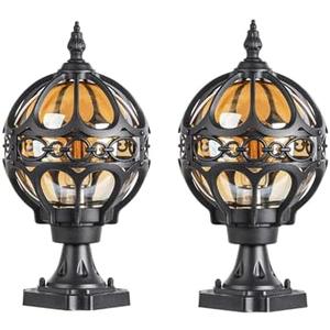 2 Pack Globe Outdoor Post Lights, Black Sphere Post Lamp Fixture with Pier Mounting Base, Waterproof Rustproof Aluminum Outside Post Light for Lawn Porch Garden Pathway Patio Fence No Sensor,Medium