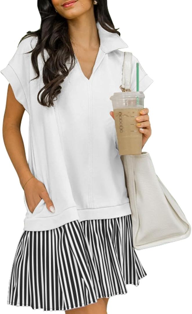Women's V Neck Short Sleeve Summer Dress Cap Sleeve Casual Loose Fit Pleated Striped Shirt Dress (White, M)