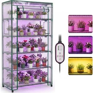 Indoor Greenhouse with Grow Lights & Wheels, 5 Tier Wire Shelf PVC Tent Portable Mini Green House Cabinet Kit for Plant Seed Starting Mushroom Grow