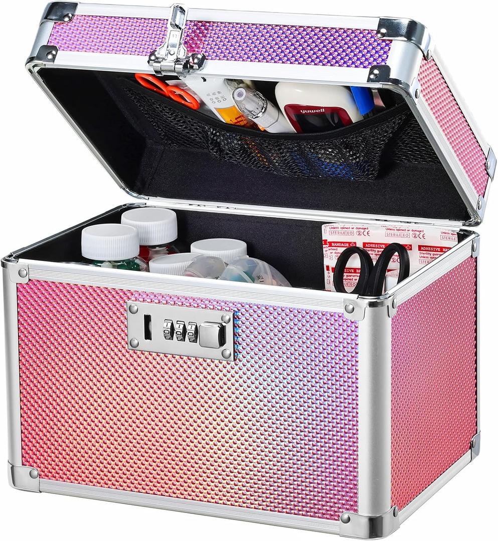 Medicine Lock Box with 3-Digit Combination Lock Pink Lockable Storage Box for Medication, Small Lock Box for Valuables, 10"x7"x9" Locking Medicine Box for Home Travel Dorm