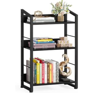 Hosfais Book Shelf Small Bookshelf: 3-Tier Wood Bookcase Industrial Bookshelf with Edge Protection Metal Narrow Bookcase Storage Organizer Display Rack for Bedroom Home Office (Modern Black)