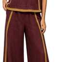 2 Piece Sets for Women Color Block Linen Lounge Sets Sleeveless Top Wide Leg Pants Matching Casual Travel Outfit (S)