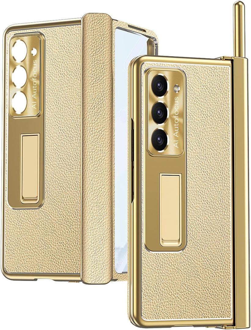 Miimall for Samsung Galaxy Z Fold 5 Case with S Pen, Z Fold 5 Case+Stylus Pen with Pen Holder+Tempered Glass Screen Protector+All-Inclusive PU Leather Case for Galaxy Z Fold 5 2023(Gold)