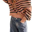 Panadila Womens Striped Off Shoulder Sweater Oversized Long Sleeve V Neck Sweater Tops Knitted Color Block Pullover (Brown)