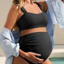 Summer Mae Ribbed Maternity Bikini Swimsuit for Women High Waisted Two-Piece Bathing Suit Crop Top Pregnancy Swimwear Black 6-8
