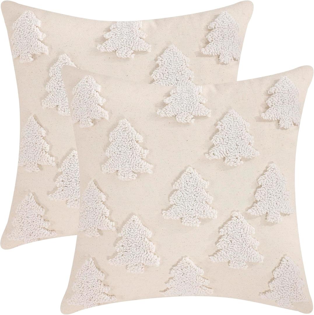 LUOYEHK Christmas Pillow Covers 18x18 Set of 2 Farmhouse Rustic White Xmas Tree Decorative Throw Pillows Winter Holiday Canvas Embroidery Cushion Covers for Couch Sofa Bed (Beige Christmas Grove)