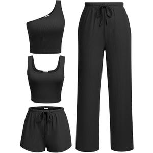 Ekouaer Womens 4 Piece Lounge Sets Ribbed Knit Crop Tank Top and Shorts Pants Casual Outfits, XXL