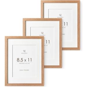 8.5x11 Picture Frame, Solid Oak Wood 8.5 by 11 Picture Frame with Mat to 6x8(Openning Size is 5.5x7.5), 11x8.5 Natural Oak Frames for Wall and Tabletop Display, Set of 3