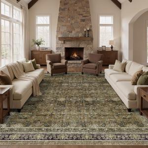 WITSHOCK 11x15 Area Rugs for Living Room - Washable Vintage Rug Retro Antique Dark Large Non Slip Low Pile Soft Boho Indoor Floor Carpet for Bedroom Dining Room Home Decor, Brown Olive Green
