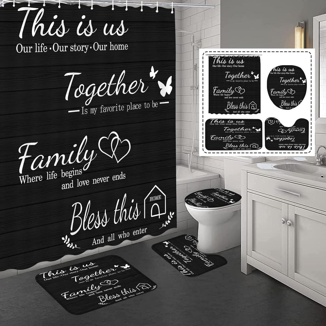 juwute 4Pcs Family Shower Curtain Sets with Non-Slip Rugs, Toilet Lid Cover and Bath Mat, Black Home Bathroom Decor Set Accessories Waterproof Shower Curtains with 12 Hooks, 72 x 72 Inch