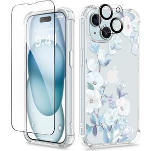 GVIEWIN for iPhone 15 Case Floral, with Screen Protector & Camera Lens Protector,[Non Yellowing] Soft Shockproof Clear Phone Protective Cover for Women, Flower Pattern Design 6.1" (Hibiscus)