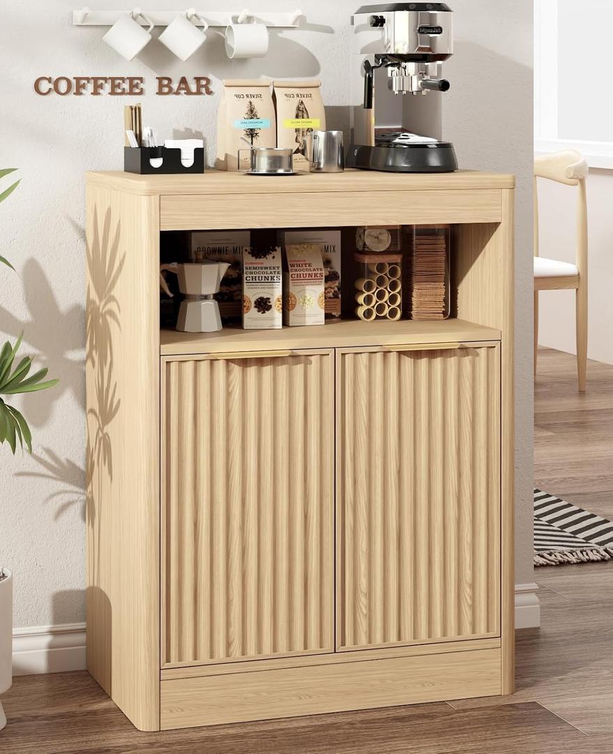 Fluted Buffet Cabinet with Storage, Small Coffee Bar Cabinet with Doors & Adjustable Shelves, Wood Storage Cabinet for Kitchen, Living Room, Entryway, Oak, 11.8"d X 22.4"w X 31.1"h