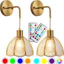 Battery Operated Wall Sconces Set Of Two, Indoor Not Hardwired Battery Wall Light With Remote Control, RGB Color Changing Dimmable Battery Powered Wall Lamp For Bedroom, Easy To Install, Bulb Included (Transparent)