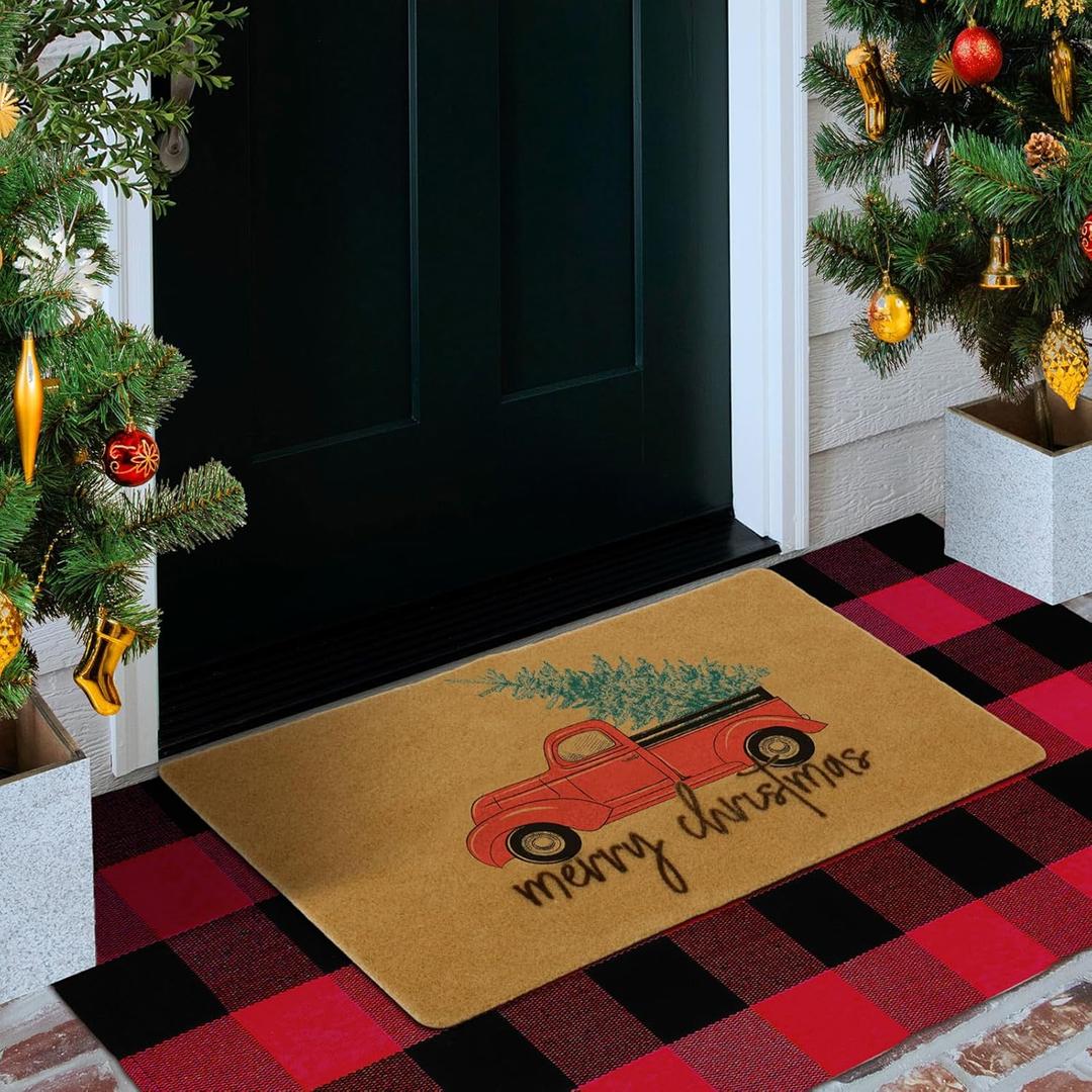 Ceenna Christmas Decor Doormat Combo Set Merry Christmas 17'' x 29'' Coir Welcome Mat and 23.6'' x 51.2'' Buffalo Plaid Rug Front Layered Door Mats Red and Black Entryway Patio Outdoor Decoration
