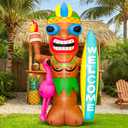 KOOY 5FT Tiki Inflatables with Flamingo and Surfboard for Luau Party Decorations, Built-in LED Blow up Hawaiian Decor Outdoor, Summer Inflatables Outdoor Decorations for Luau Aloha Bar Beach Pool