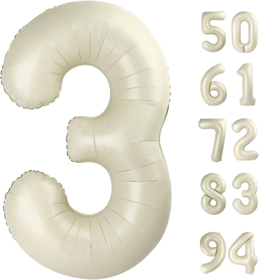 Cream 3 Balloon, Cream Number Balloons 40 Inch, 3rd Birthday Decorations for Kids Girls Boys, Men Women Party Supplies for Party Decorations, Number 3 Balloon