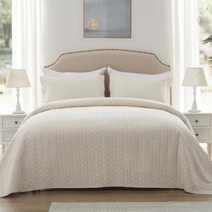 SunStyle Home Quilt Set Queen Beige Lightweight Bedspread Full Soft Reversible Coverlet for All Season 3pcs Leaf Embroidered Quilted Bedding Sets (1 Quilt 2 Pillow Shams)(90"x96") (Full/Queen (90"x96"), Beige - Leaf Embroidered)