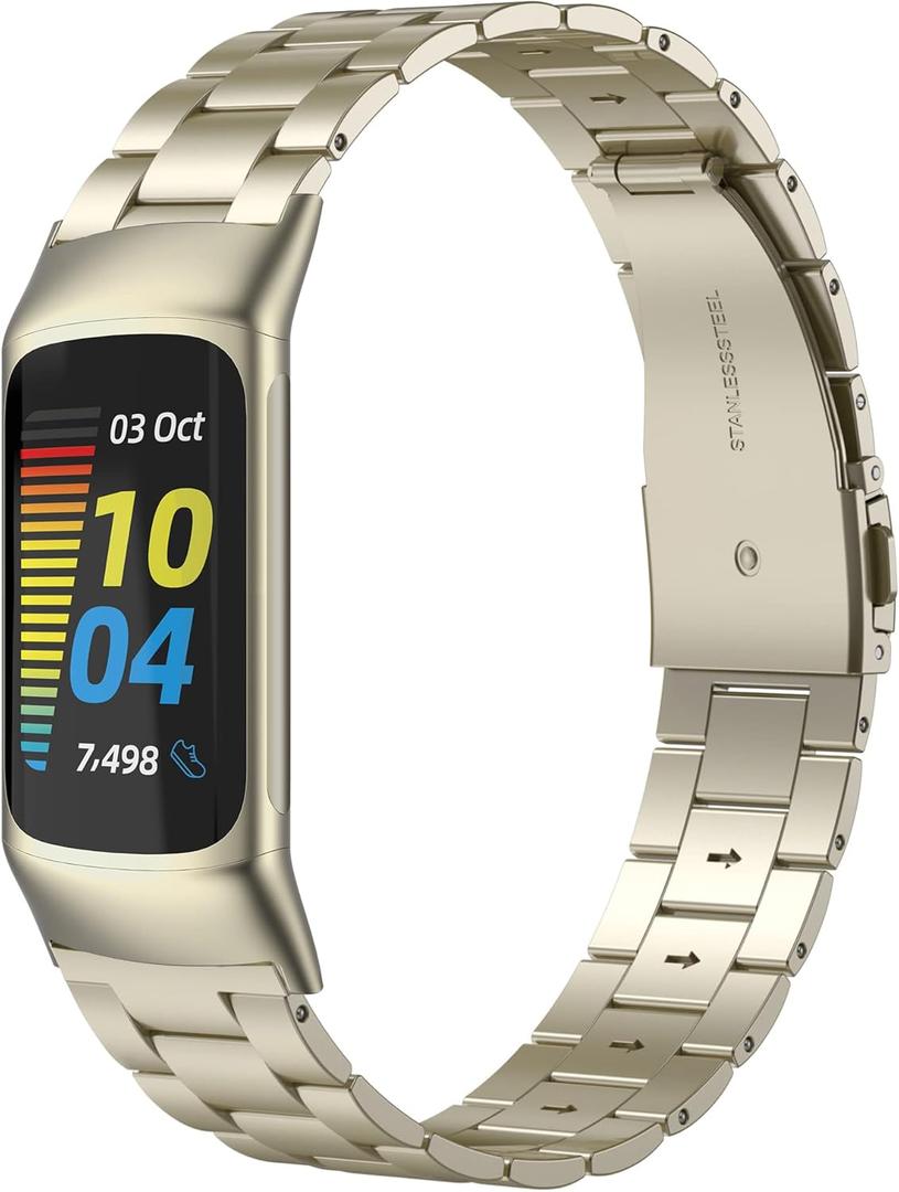 Wearlizer Compatible with Fitbit Charge 6/Charge 5 Bands for Women Men, Classic Stainless Steel Ultra-Thin Lightweight Replacement Straps Charge 6/Charge 5 Bands