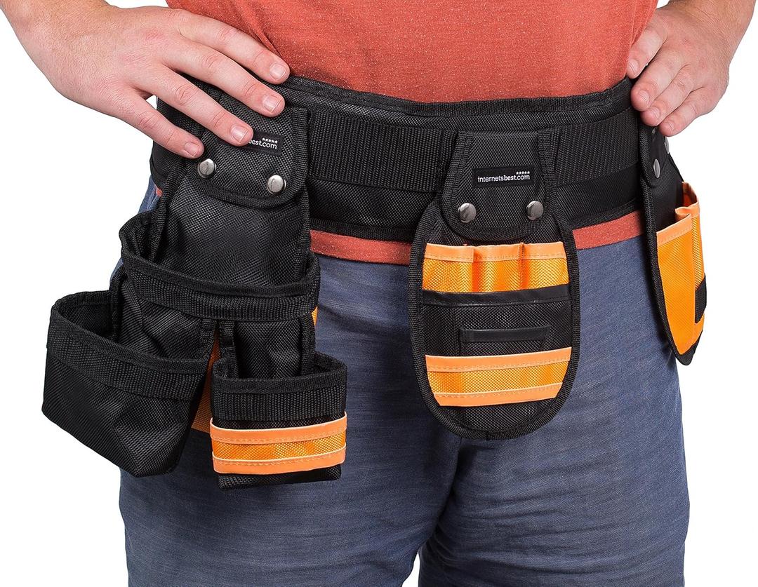 Internets Best Tool Belt Carpenter Apron - 10 Pockets - Quick Release Work Belt with Utility Pouch - Handyman Rig - Removable Bags