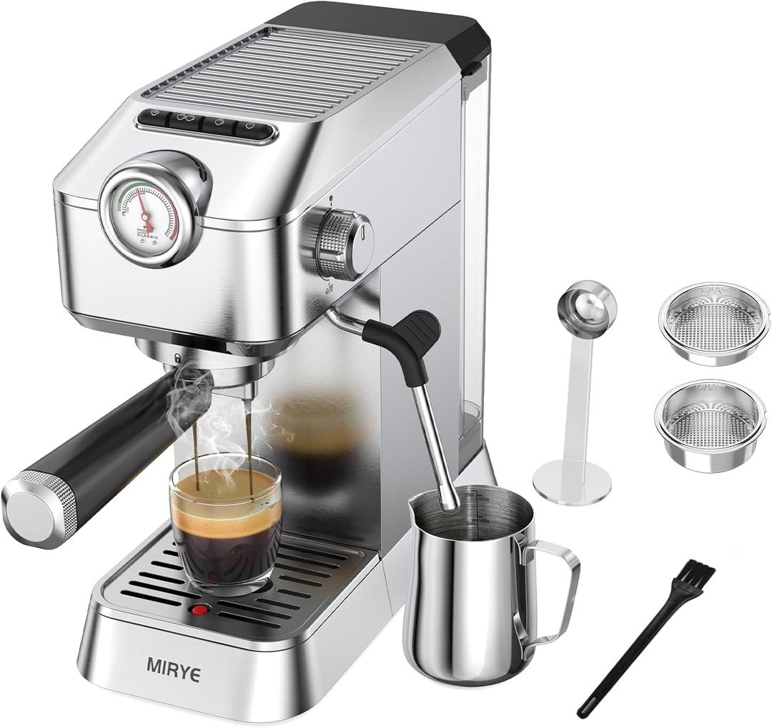 Espresso Machine, 20 Bar Stainless Steel Espresso Maker Silver Coffee Machine for Home or Office
