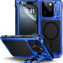 Lanhiem for iPhone 16 Pro Max Metal Case with Camera Cover & Stand [Compatible with MagSafe] [Built-in Kickstand] [Military-Grade Protection] Heavy Duty Rugged Magnetic Phone Case, (Blue)