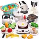 CUTE STONE Pretend Play Kitchen Toy with Cookware Steam Pressure Pot and Electronic Induction Cooktop, Cooking Utensils, Toy Cutlery, Cut Play Food, Shopping Basket Learning Toy for Girls Boys (White)