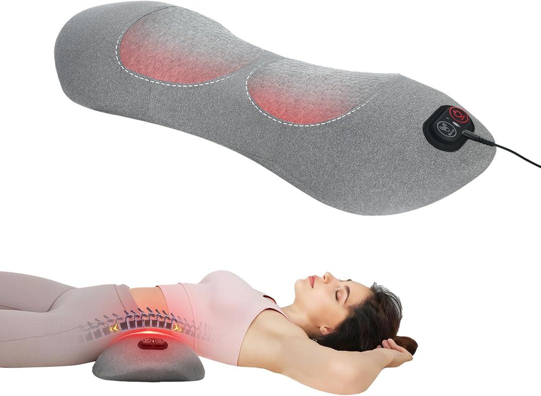 3 in 1 Lumbar Support Pillow, Electric Lower Back Massager for Pain Relief Deep Tissue, Back Stretcher with Heat, Vibration, Airbag Traction for Bed Office Chair - Wired Power