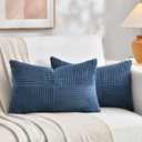 Fancy Homi 2 Packs Dusty Blue Lumbar Decorative Throw Pillow Covers 14x24 Inch for Couch Bed Sofa, Rustic Farmhouse Boho Home Decor, Soft Striped Corduroy Rectangle Accent Cushion Case 35x60 cm