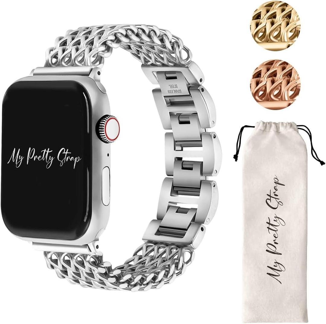My Pretty Strap - Compatible Apple Watch Band Strap, Stainless Steel Fashion iWatch Replacement Strap- Easy Resizing, No Tool Needed, Fits Most Wrists- Series 1-11, SE and Ultra (Mermaid Silver)