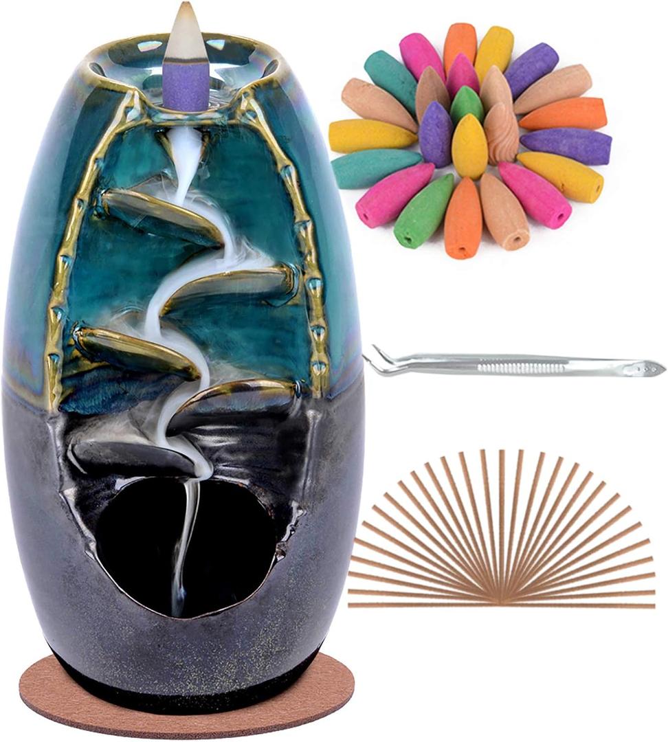 SPACEKEEPER Ceramic Backflow Incense Holder Waterfall Incense Burner, Aromatherapy Ornament Home Decor with 120 Backflow Incense Cones + 30 Incense Stick , Blue Set