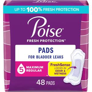 Poise Incontinence Pads & Postpartum Incontinence Pads, 5 Drop Maximum Absorbency, Regular Length, 48 Count, Packaging May Vary (Regular Length)